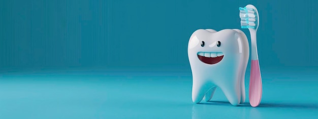 One tooth with a brush against a blue background