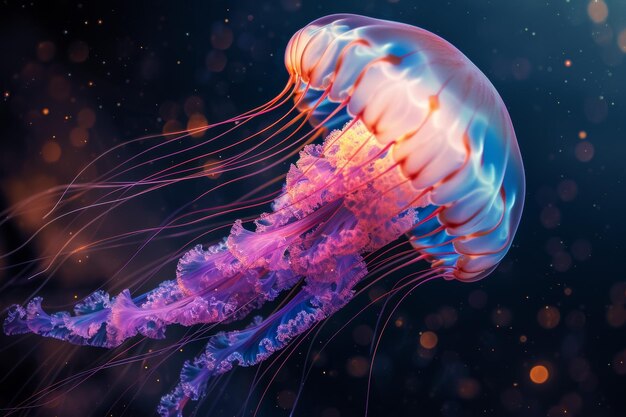 One vibrant bioluminescent jellyfish gliding through deep sea showcasing its colorful tentacles