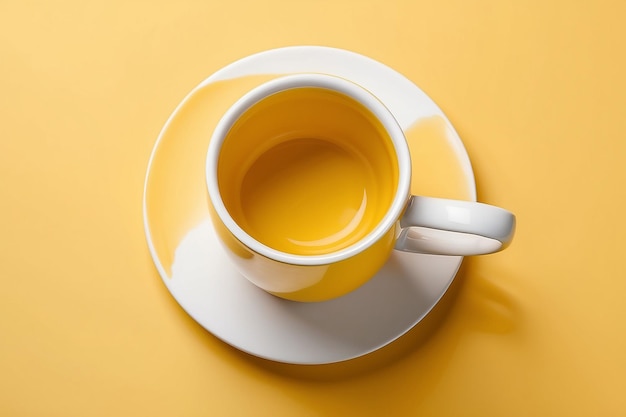 One white ceramic mug on yellow background top view Space for text