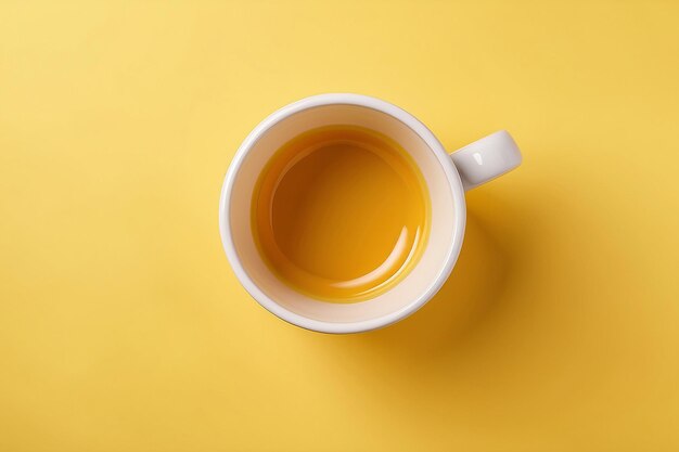 One white ceramic mug on yellow background top view Space for text