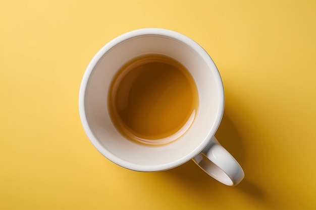 One white ceramic mug on yellow background top view Space for text