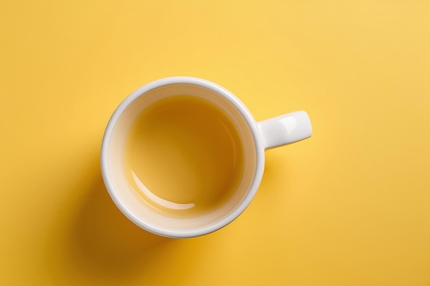 One white ceramic mug on yellow background top view Space for text