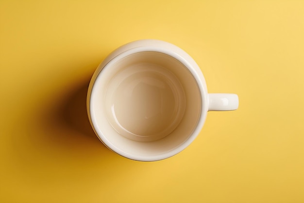 Photo one white ceramic mug on yellow background top view space for text