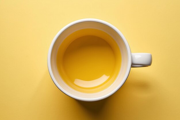 One white ceramic mug on yellow background top view