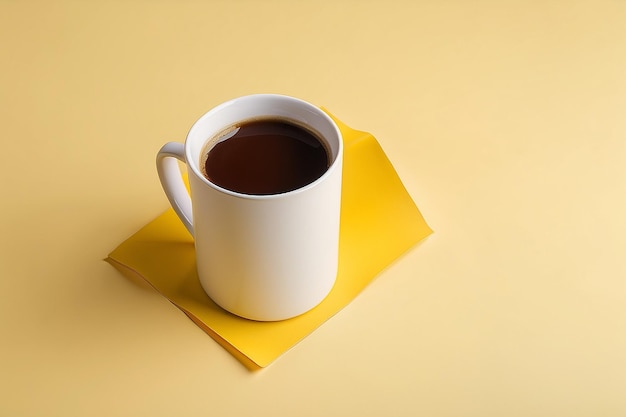 Photo one white ceramic mug on yellow background top view