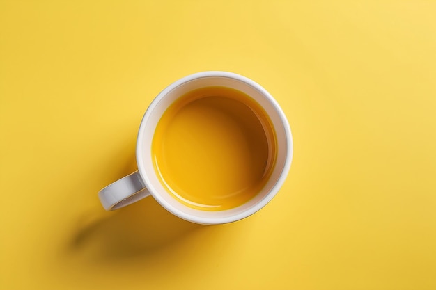 One white ceramic mug on yellow background top view