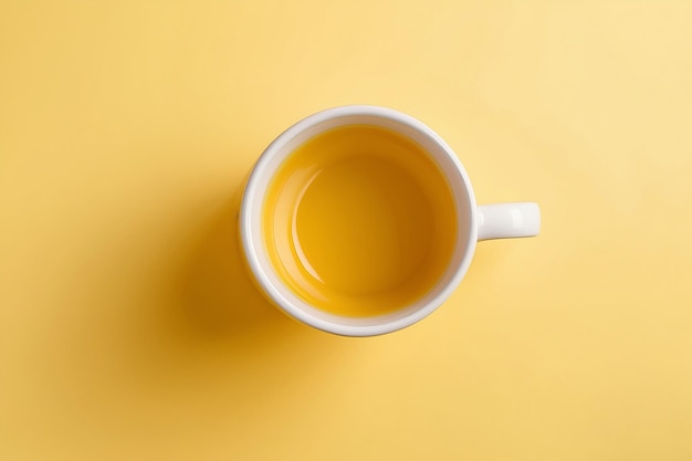 One white ceramic mug on yellow background top view