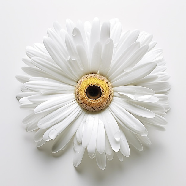 One white daisy flower isolated on white background flat lay top view floral pattern