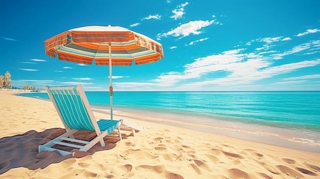 One white wooden sun lounger and a bright beach umbrella on the sandy shore of the ocean and against the blue sky with clouds