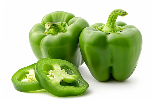 One whole green bell pepper and one sliced on white background cutout