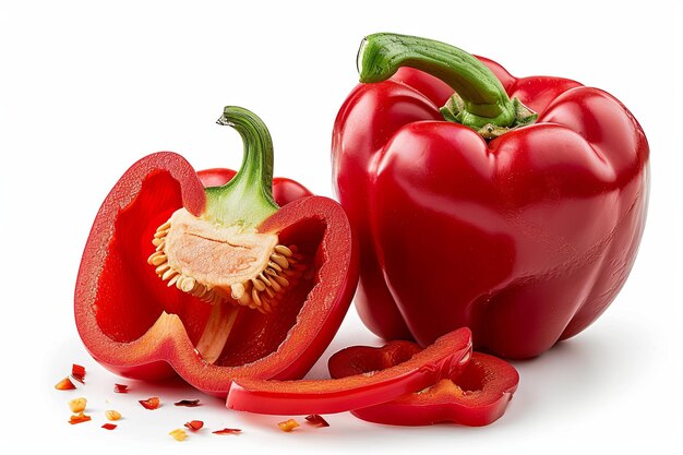 One whole red bell pepper and one sliced on a white background cutout