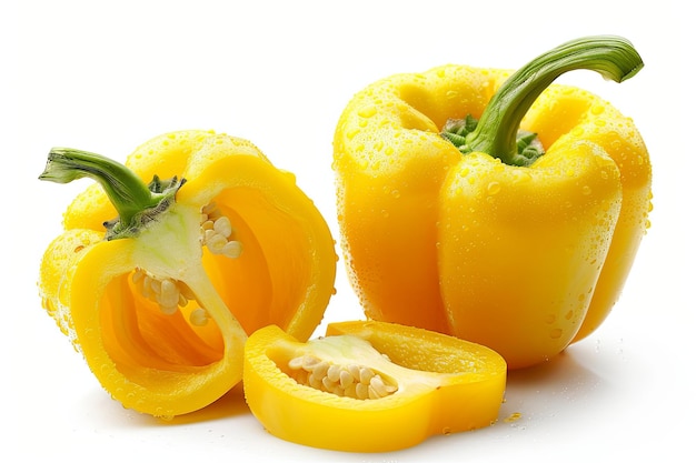 One whole wet yellow bell pepper and one sliced on white background clipping path