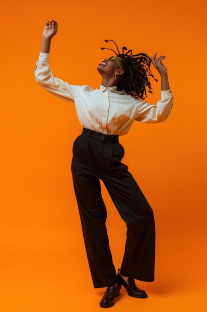 One woman dancing and partying isolated on orange background