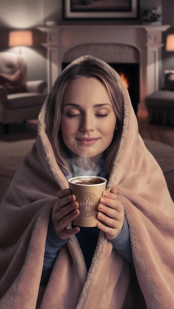 One woman holding coffee cup enjoying warmth generated by