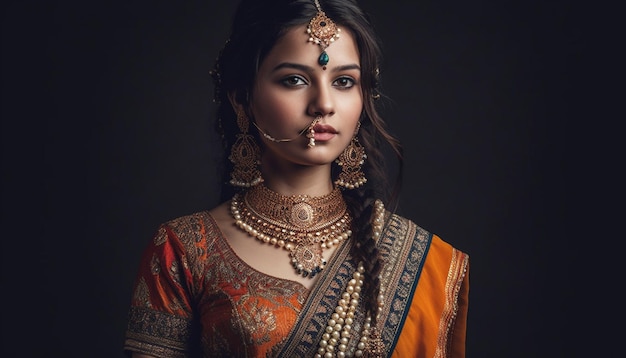 One woman looking confident in traditional sari generated by AI