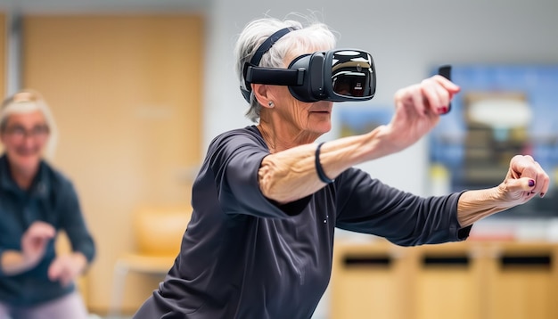 One woman mature senior caucasian female enjoy virtual reality