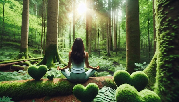 Photo one woman meditating in love with nature green forest background