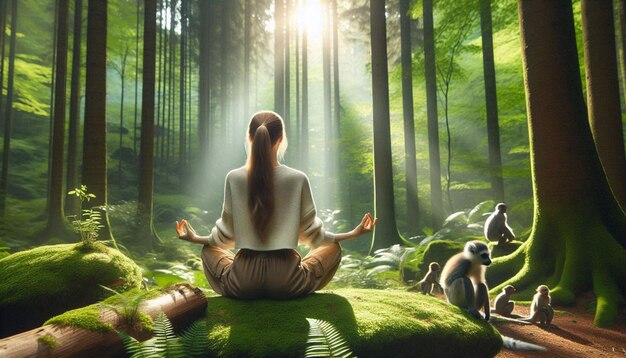 One woman meditating in love with nature green forest background