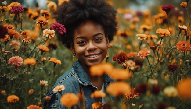 One woman smiling enjoying nature beauty generated by AI