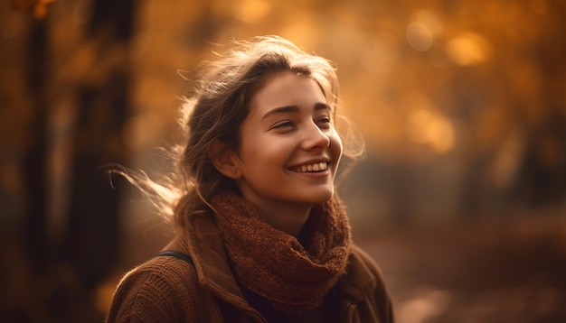 One woman smiling outdoors in autumn forest generated by AI