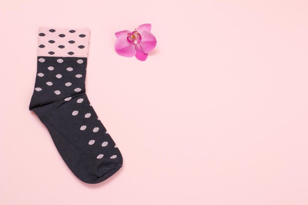 One woman sock and orchid flower on a pink background Top view with copy space