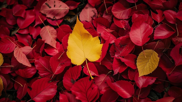 Photo one yellow leaf is laying on the ground surrounded by many red leaves