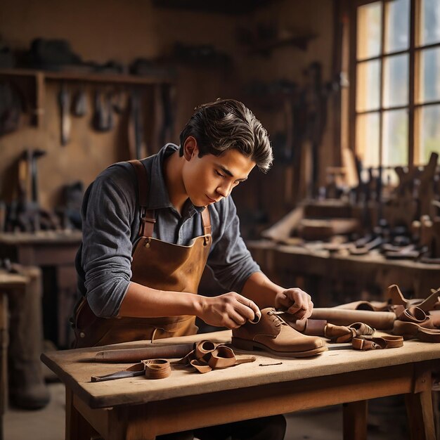 One young man skilled carpenter confidently making leather shoes