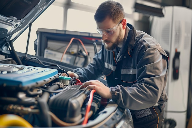 Photo one young mechanic charging ac in a car one young auto mechanic doing service of cars air condition