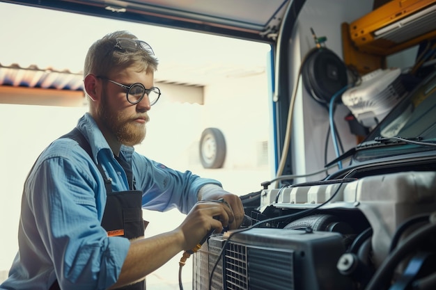 Photo one young mechanic charging ac in a car one young auto mechanic doing service of cars air condition