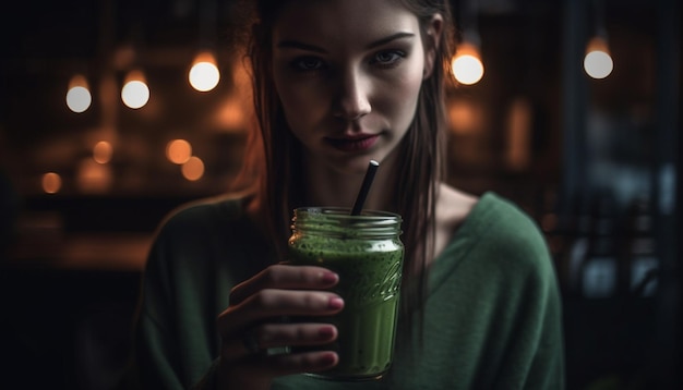 One young woman holding cocktail smiling enjoying nightlife celebration generated by AI