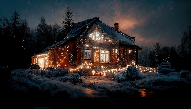 Onestorey cottage in winter The cottage is decorated with green lights Cottage with New Year's lighting 3D Raster illustration