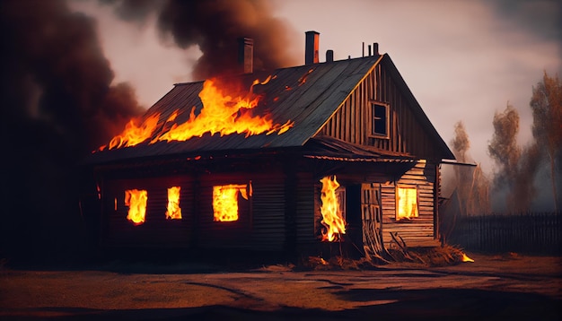 A onestory wooden house is on fire Generative AI