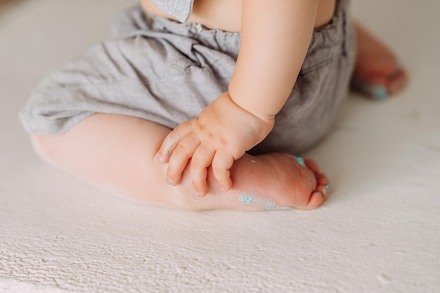 A oneyearold baby is sitting on the floor 4240