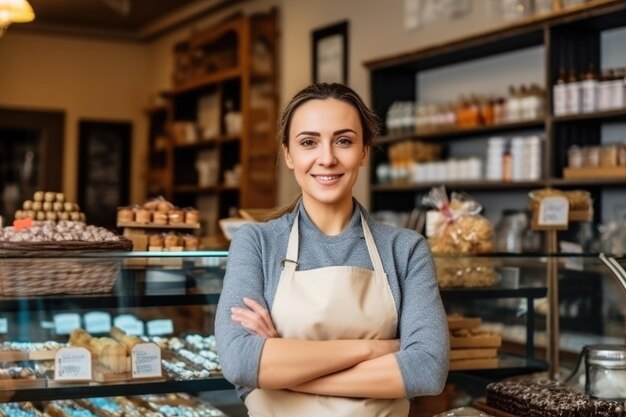 onfident chocolatier businesswoman standing in her shop arms crossed looking to camera