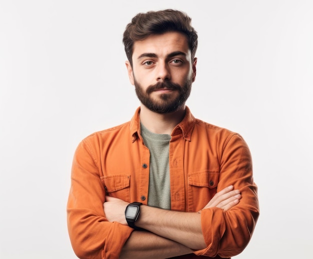 onfident handsome man with arms crossed over body smiling and looking determined