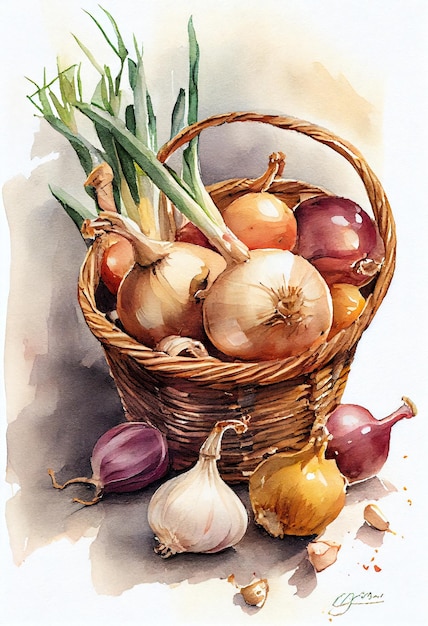 Onion Botanical Art, Basket full of Onions, Onions Watercolor, Onion and Garlic Illustration