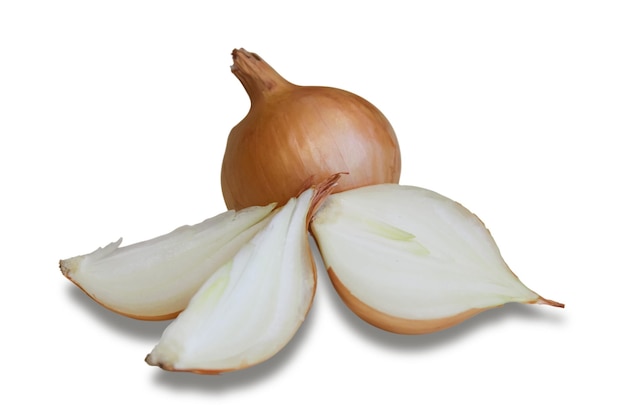 An onion cut into several pieces lies next to a whole onion on a white background