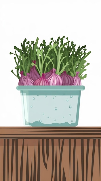 Onion Microgreens in a container Healthy Food Sprouts cartoon style