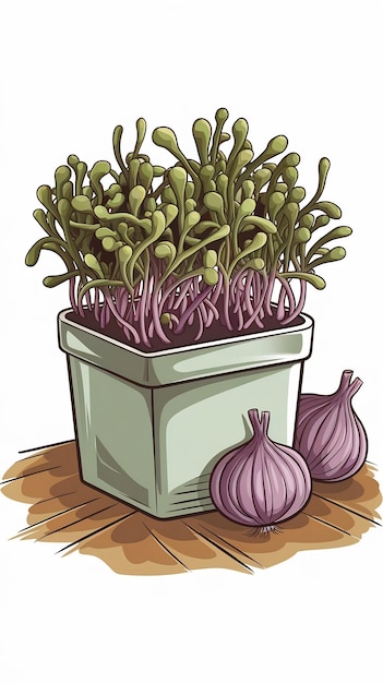 Onion Microgreens in a container Healthy Food Sprouts cartoon style