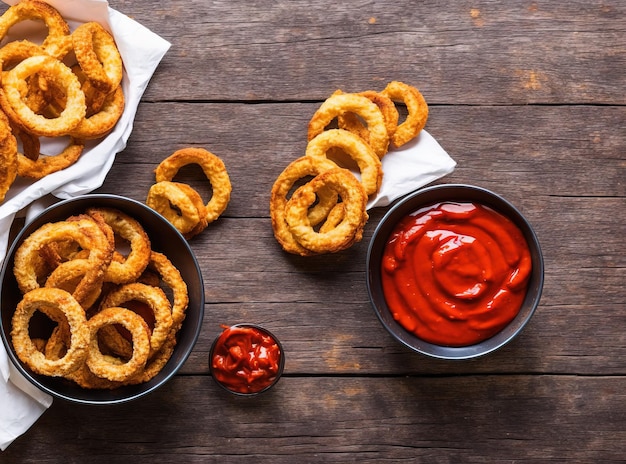 onion rings and ketchup on a table