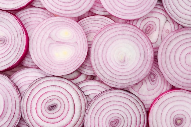 Onion slices as a background Top view