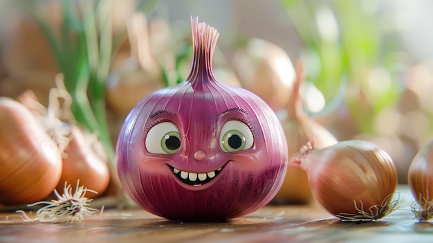 a onion with a green face and a smiling face on the table