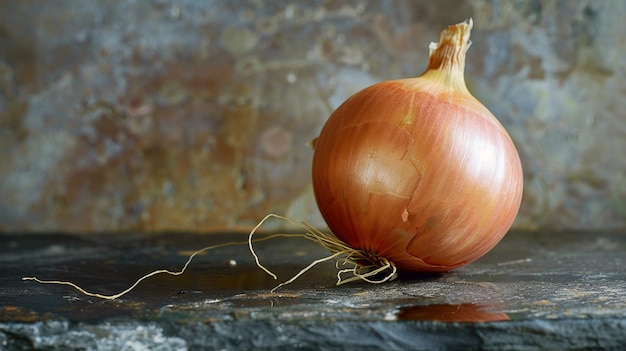 an onion with a root that is on a stone