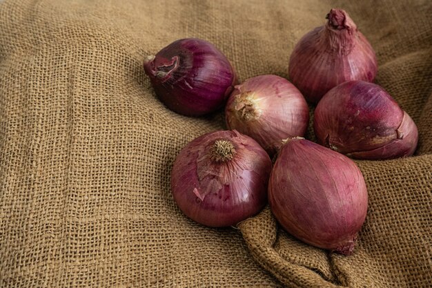 onions with purplish-red skin on a jute mat