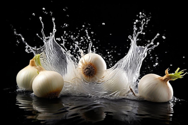 Onions with water splash falling