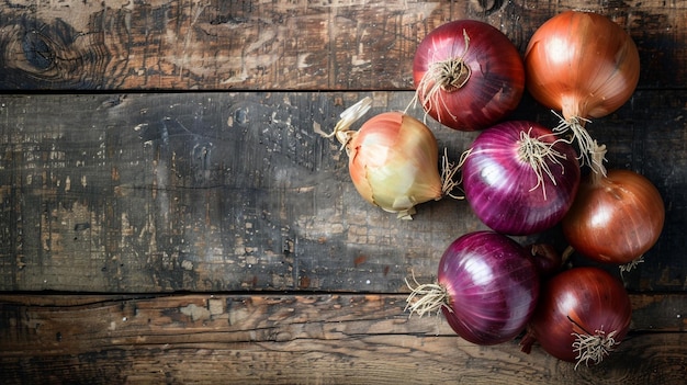 onions on a wooden background with a wooden background