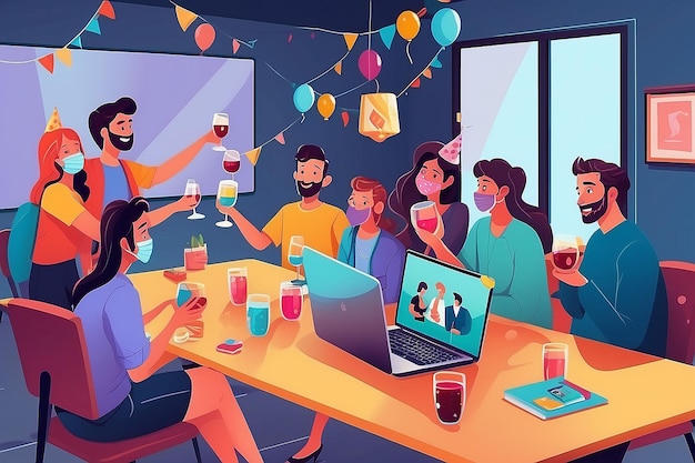 Online Birthday Party Friends Celebrating Together in Quarantine via Video Conference