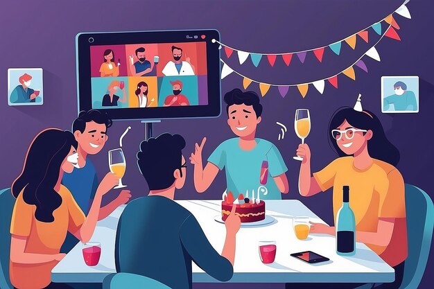 Online Birthday Party Friends Celebrating Together in Quarantine via Video Conference