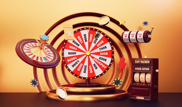 Online casino 3D realistic roulette wheel and slot machine 777 on black podium and gold background