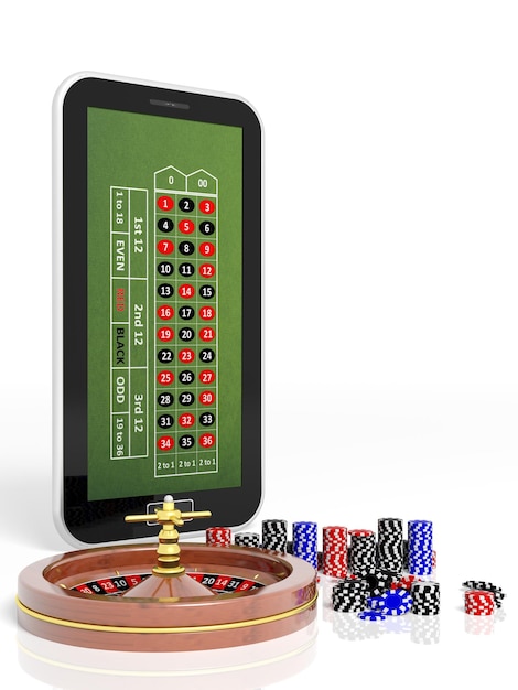 Online casino concept with tablet roulette and chips isolated